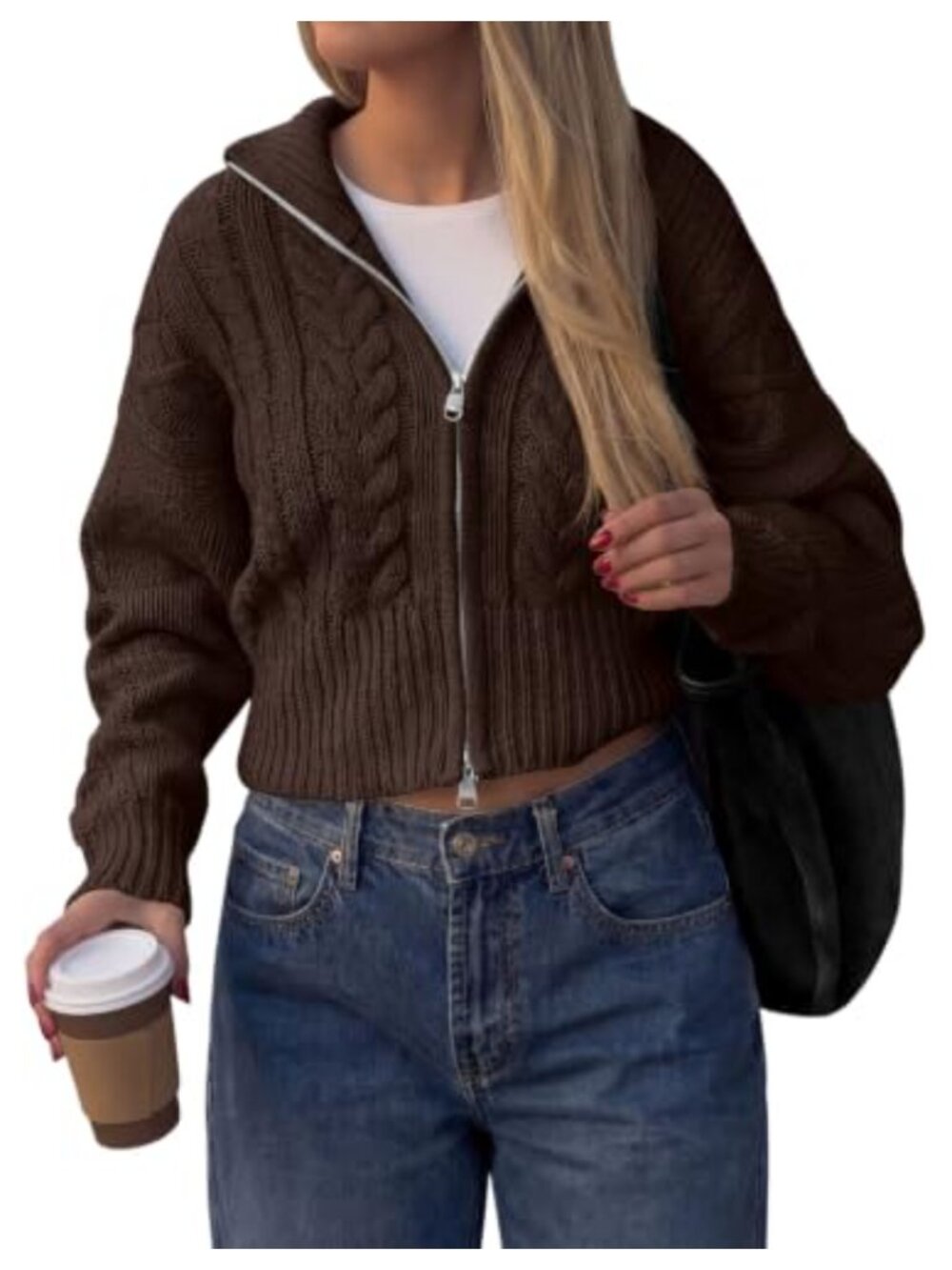Cable Knit Cropped Cardigan Zip Up Sweater Women